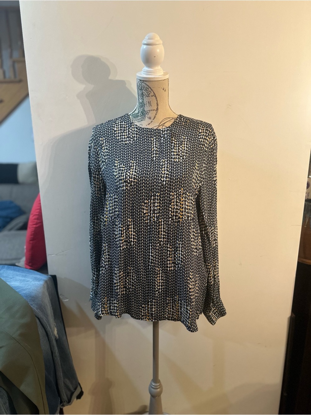 Reiss Black and White Printed Long-Sleeve Blouse